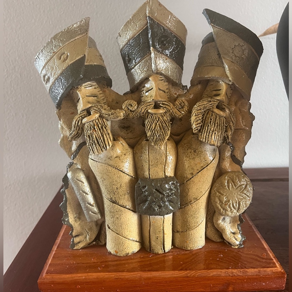 Three Wise Men or Three Kings, artisan ceramic with wood base